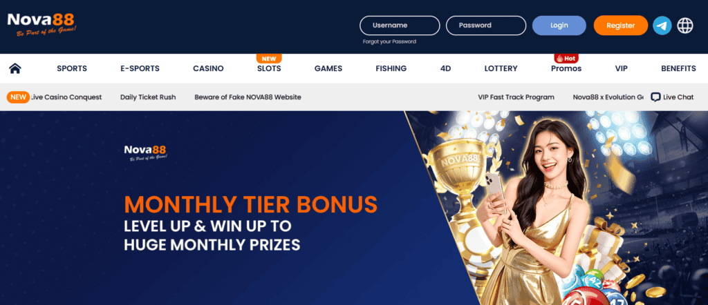 NOVA88 monthly tier bonus promotion with a smiling woman holding a trophy.