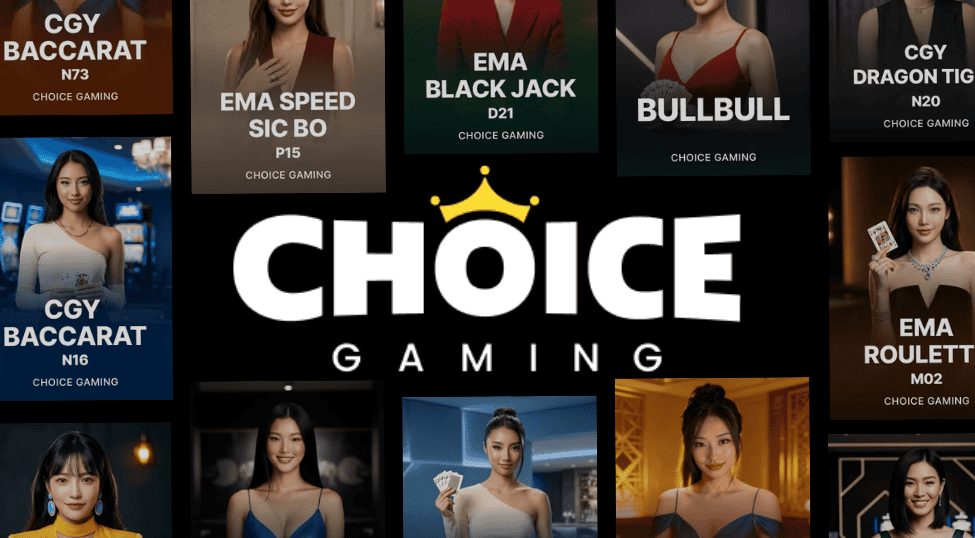 Choice Gaming casino promotional banner with various game images.