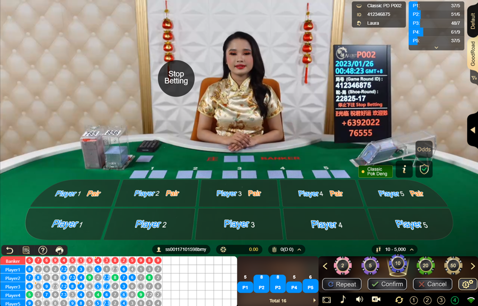 Dealer from Allbet Gaming are dealing card in Pok Deng tables