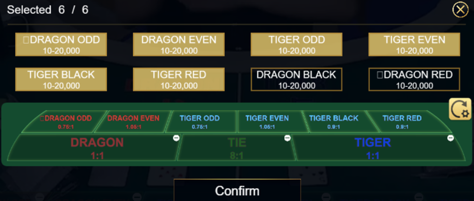 Dragon tiger by Ebet side bets option