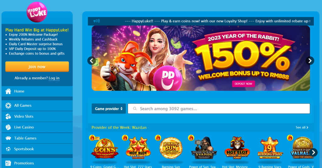 Happyluke Casino Homepage View