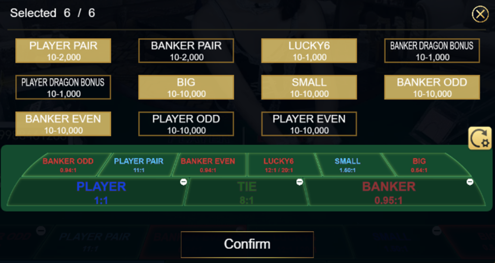 Ebet Baccarat side bet options