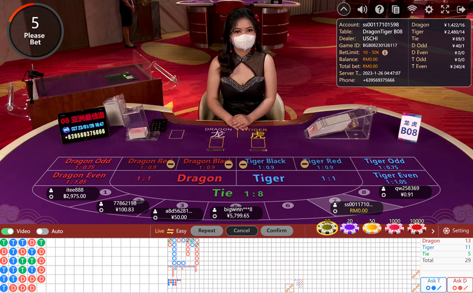 Dealer from Big Gaming seating down dealing card in Dragon Tiger table game