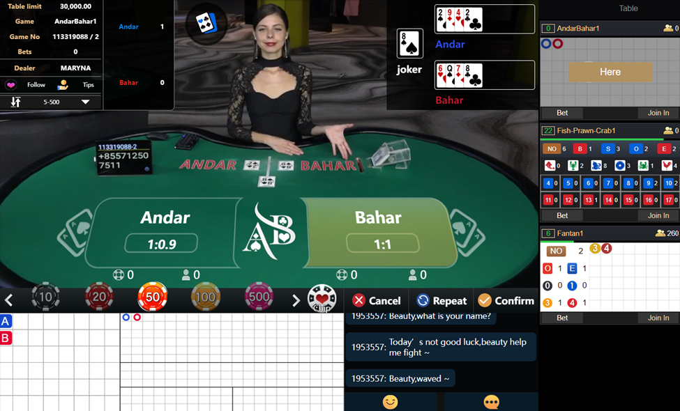 Dealer from WM Casino dealing card in Andar Bahar table game