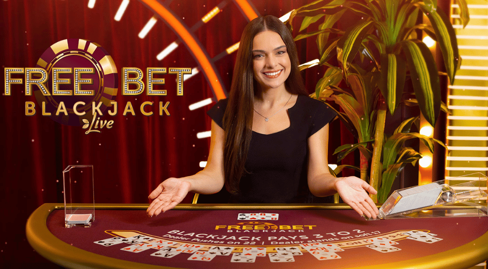 Female dealer dealing card at Free bet blackjack tables by Evolution Gaming
