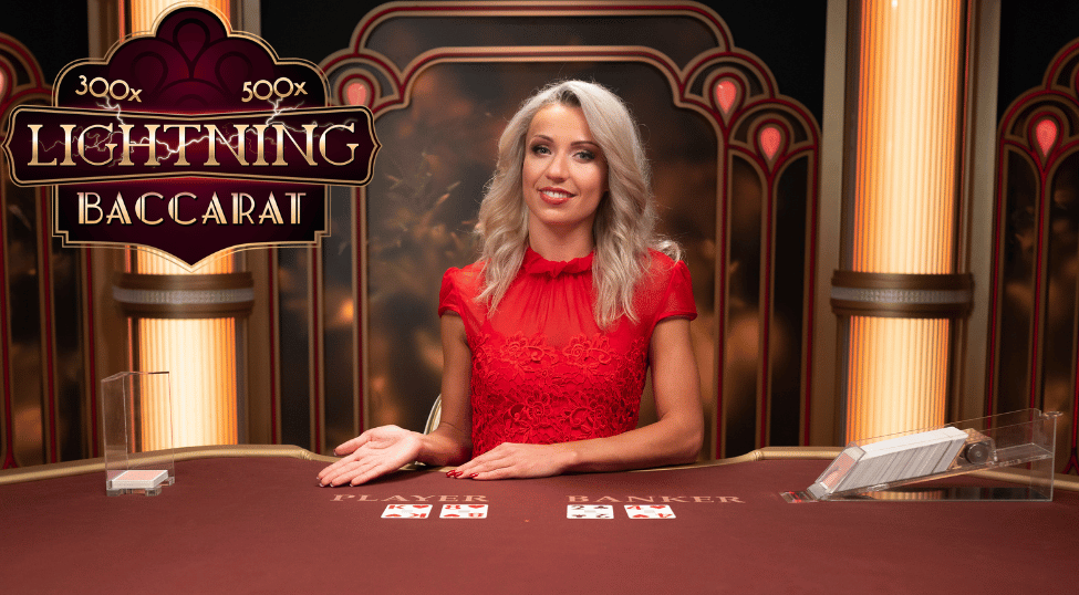 Female dealer dealing card on Lightning Baccarat table by Evolution Gaming