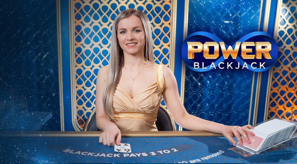 Female dealer dealing card in Power Blackjack table by Evolution Gaming