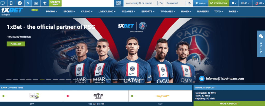 1xBet Malaysia Online Casino homepage view official partner with PSG 