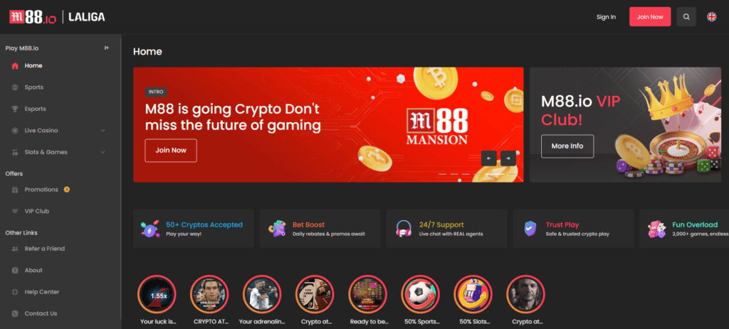 M88.io Casino Homepage View