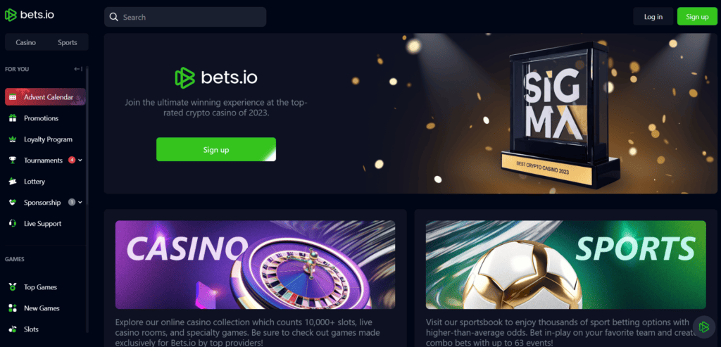 Bets.io Casino Homepage View