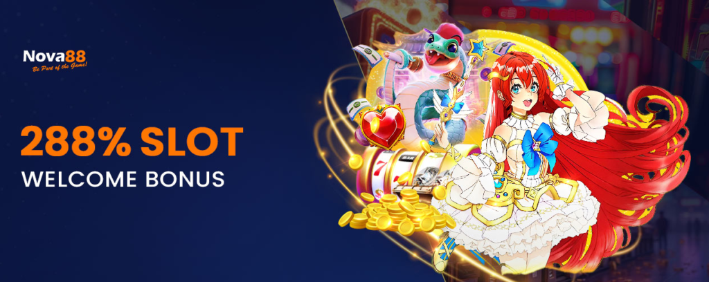 NOVA88 slot welcome bonus with colorful anime character and slot symbols.