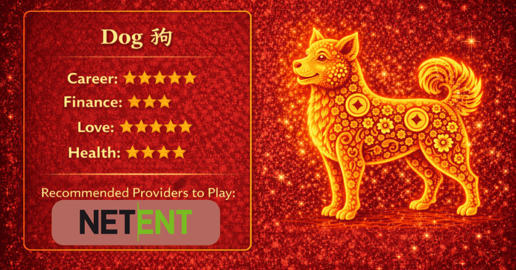 Dog zodiac with star ratings for career, finance, love, health, and suggested gaming providers.