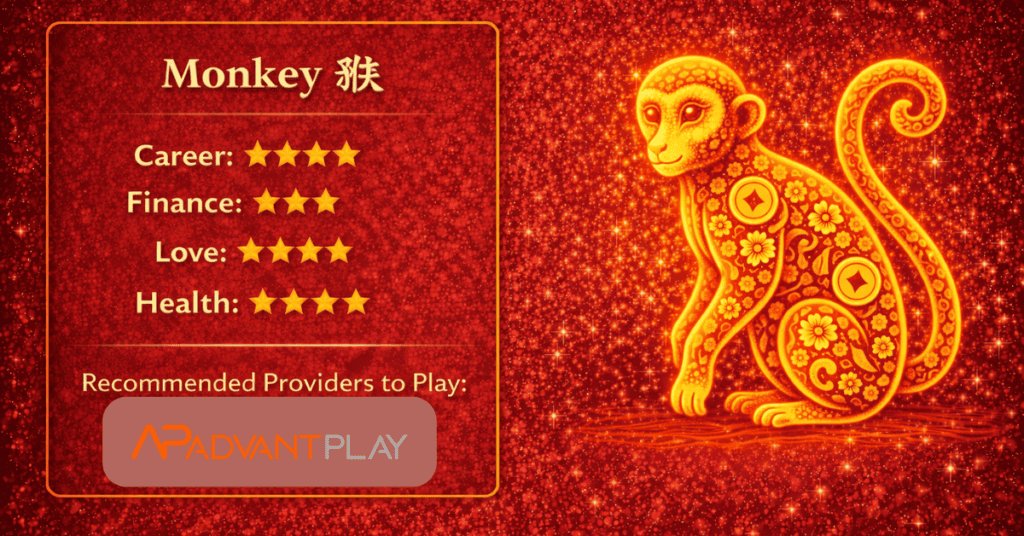 Bright zodiac monkey illustration, detailed and vibrant with gold and red hues.