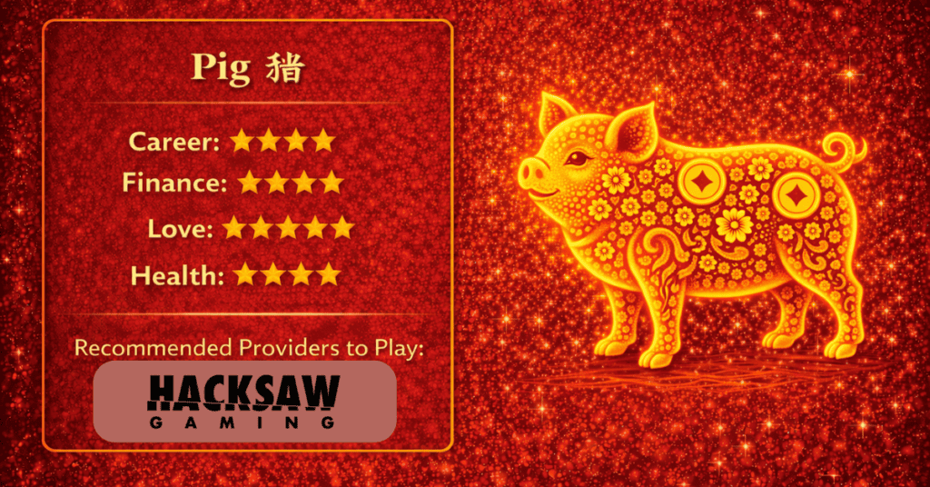 Bright red and gold pig illustration with decorative floral patterns and zodiac symbols.