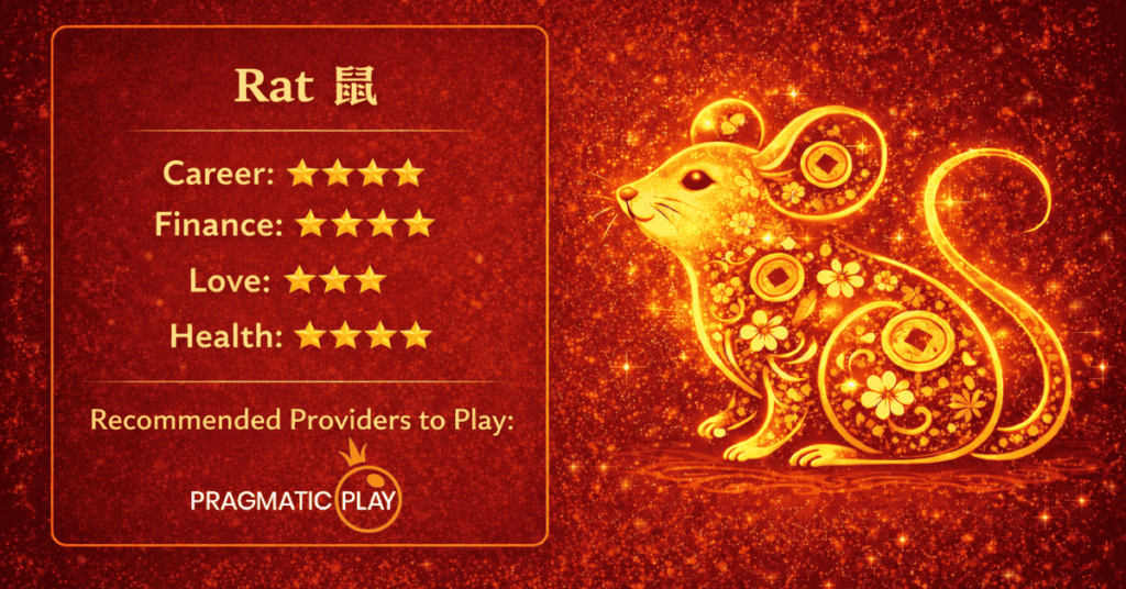 Astrological Rat with 4-star Career, Finance, Love, and Health ratings, recommended by Pragmatic Play.