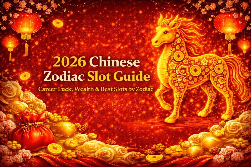 Colorful Chinese zodiac slot guide with a golden horse, lanterns, and symbols for luck and wealth.