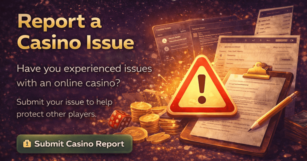 Online casino issue report with warning icon and documents.