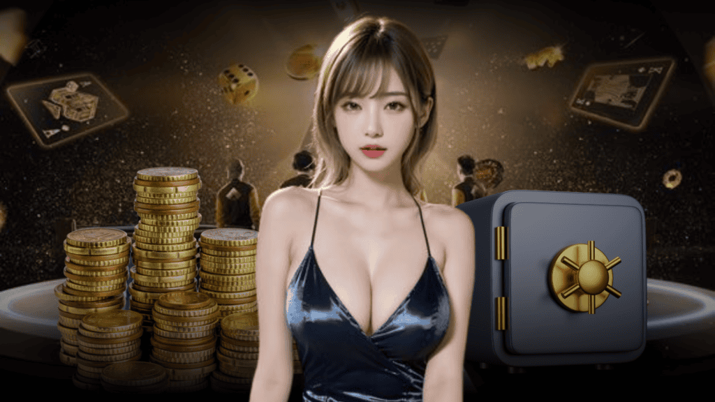 Woman with casino chips and safe promoting risk-free slots bonus at ProperBonus.