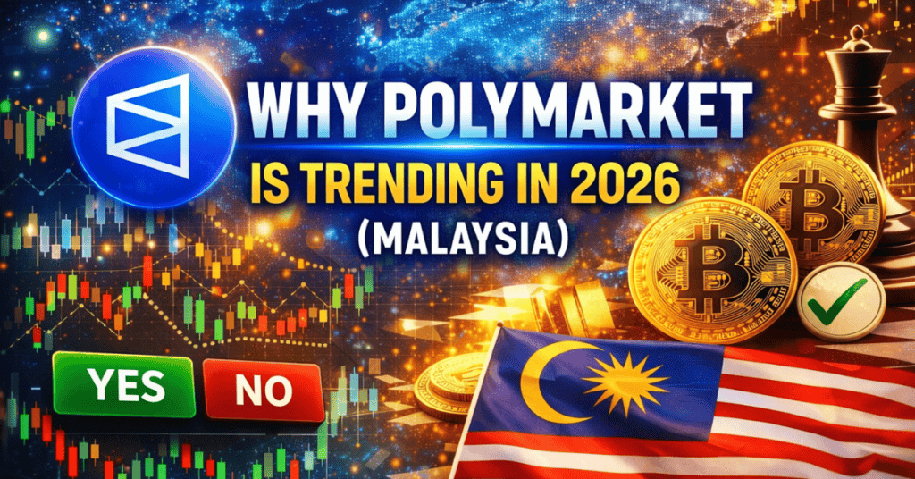 Polymarket trending in Malaysia 2026 with Bitcoin, crypto, and stock market icons.