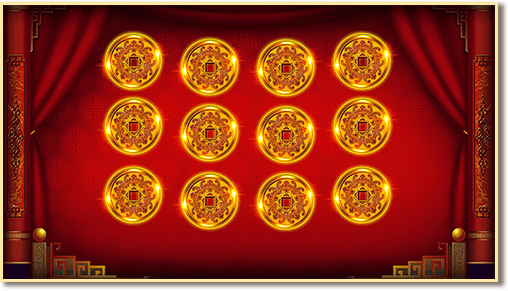Ten glowing gold coins with intricate designs on a red curtain background.