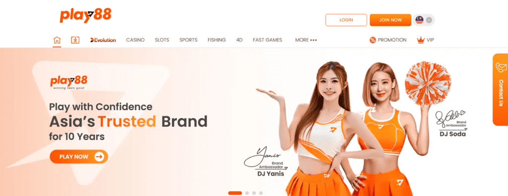 Play88 casino platform with vibrant branding and two smiling hosts.