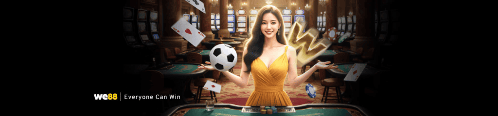 Woman holding a soccer ball at a casino table with WE88 bonus promotion.