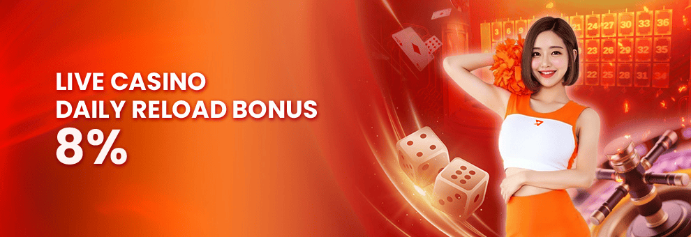 Live casino with 8% daily reload bonus and dice, promoting ProperBonus gaming platform.