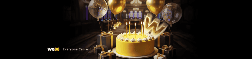 WE88 birthday bonus celebration with cake and balloons for special offer.