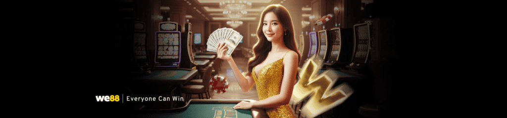 Woman holding cash at online casino with WE88 branding and gaming machines in background.