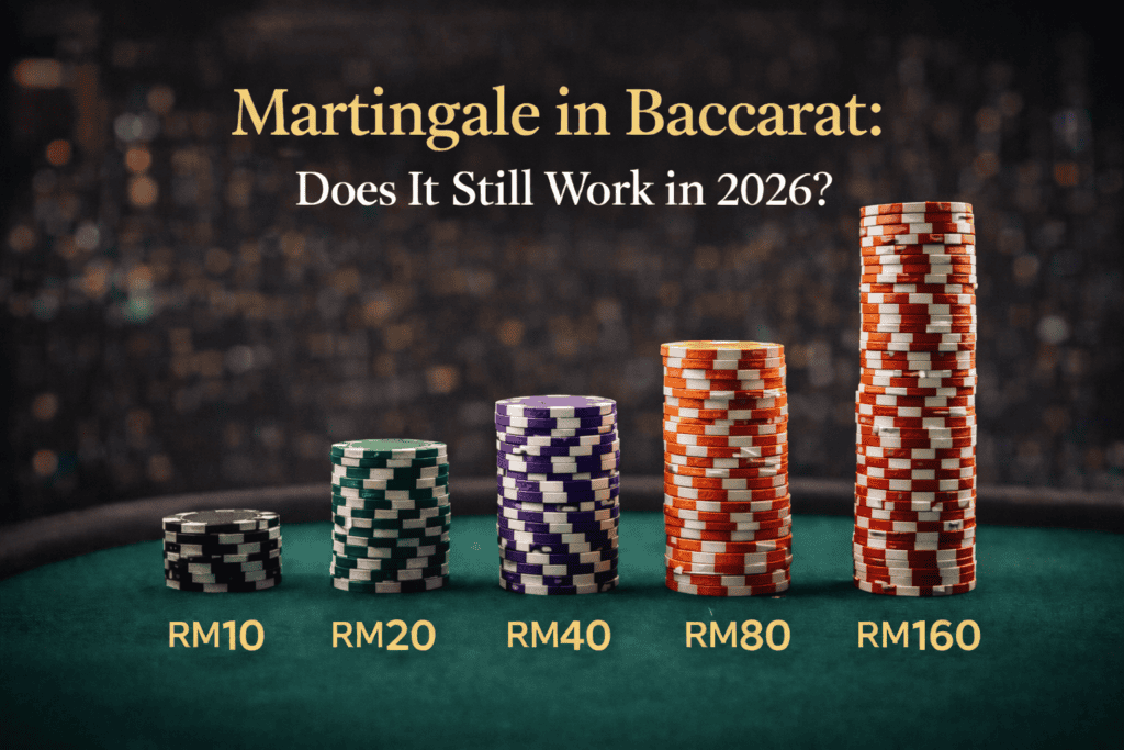 Baccarat chips stacked by betting amounts with Martingale strategy in 2026.