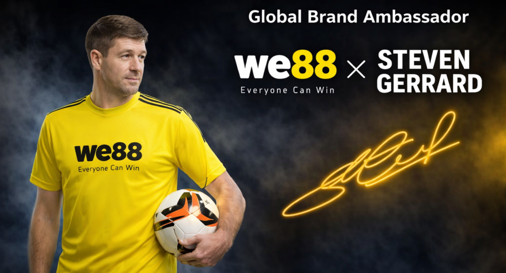 Steven Gerrard in WE88 branded sports jersey holding a soccer ball.