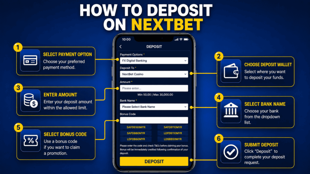 Step-by-step guide to depositing on NextBet with payment options and bonus code.
