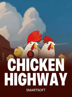 Cartoon chickens crossing a road with chicks, promoting Chicken Highway game by SmartSoft Gaming.