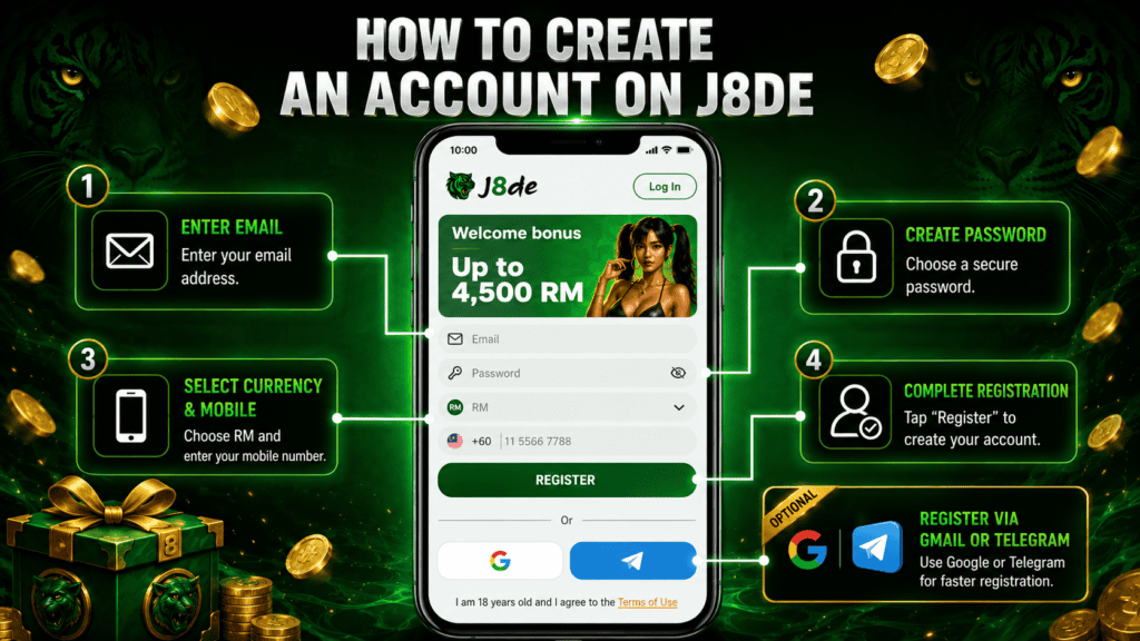 Create an account on J8de for online gaming and bonuses.