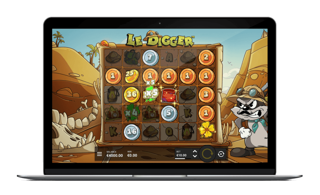 La-Digger slot game featuring mining theme with symbols and characters on laptop screen.
