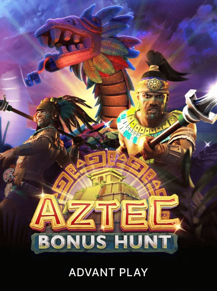 Aztec Bonus Hunt slot game featuring Aztec warriors and a colorful serpent, offering exciting bonus.