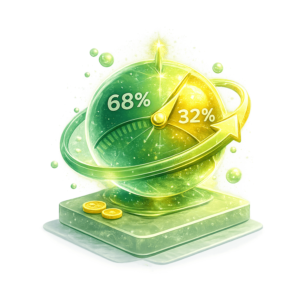 Profit distribution gauge showing 68% and 32% for ProperBonus platform.