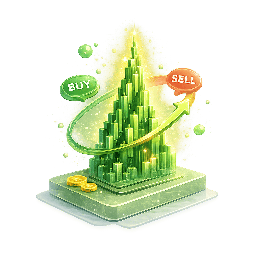 Digital trading growth chart with buy and sell indicators and upward trend arrow.