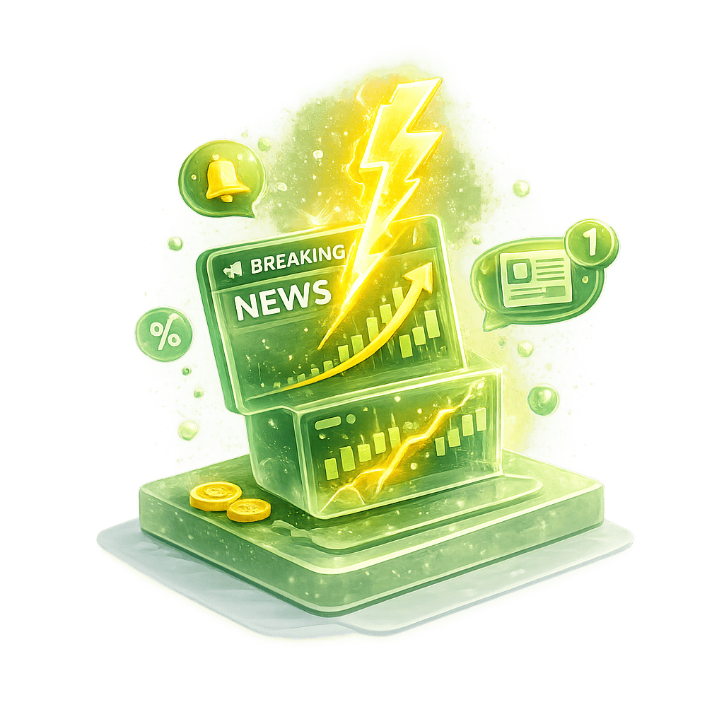 Digital news alert system with notifications and analytics on a green futuristic device.