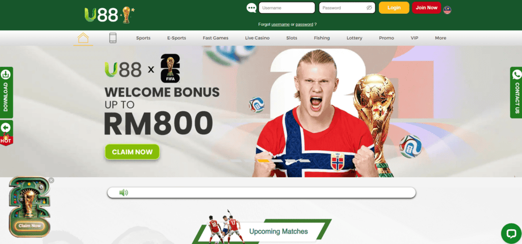 U88 online casino promotion with RM800 bonus and sports betting options.