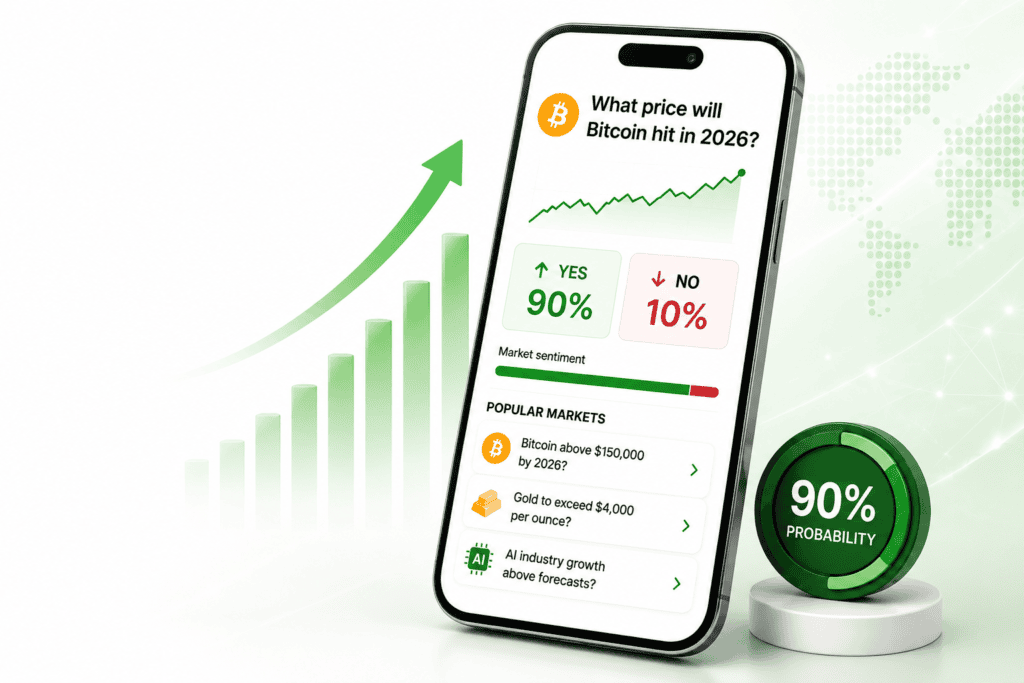 Smartphone displaying Bitcoin prediction with 90% probability for 2026 for Prediction Markets.