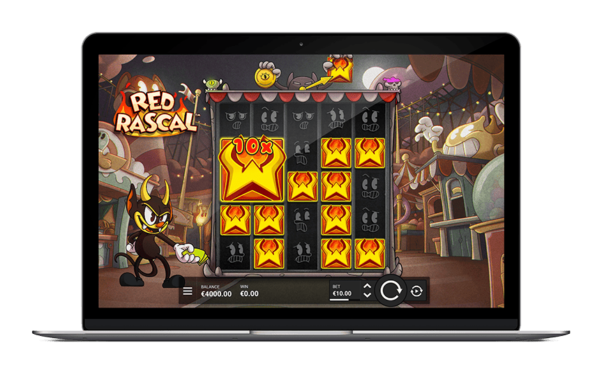 Red Rascal slot game featuring fiery symbols and a mischievous character on a colorful carnival back.