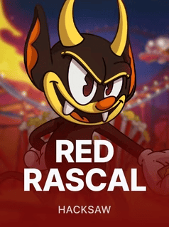 Red Rascal character from Hacksaw Gaming slot game with fiery background.
