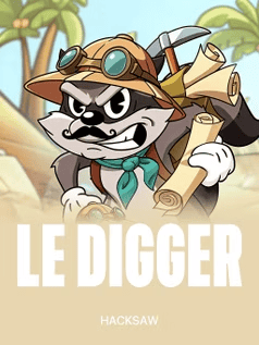 Cartoon raccoon explorer with hat and scrolls for Hacksaw Gaming slot game.