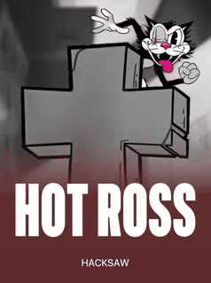 Cartoon cat character from Hot Ross Hacksaw slot game on a cross-shaped background.