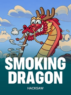 Colorful cartoon smoking dragon with a pipe, fantasy sky background.