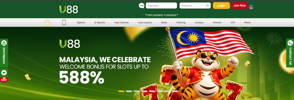 U88 Malaysia online casino celebrating with Malaysian flags and tiger mascot.