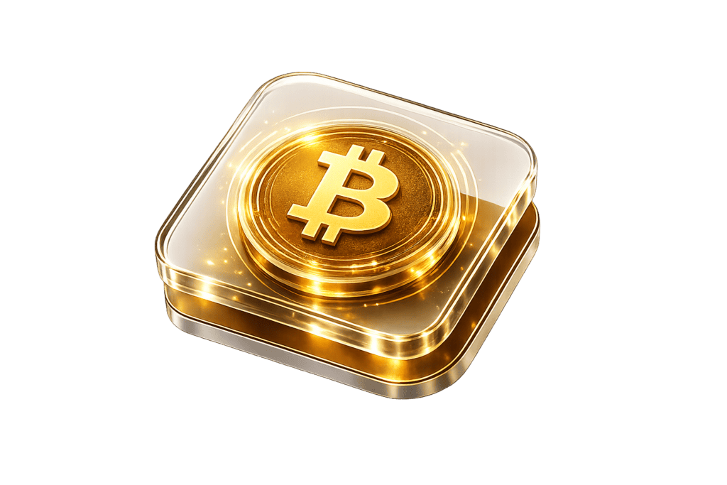 Golden Bitcoin coin with Bitcoin symbol on a reflective surface.