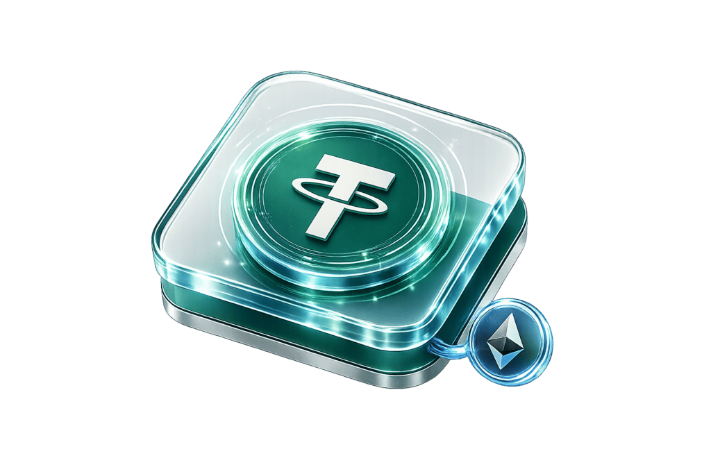 USDT cryptocurrency icon with Ethereum logo on a digital button.