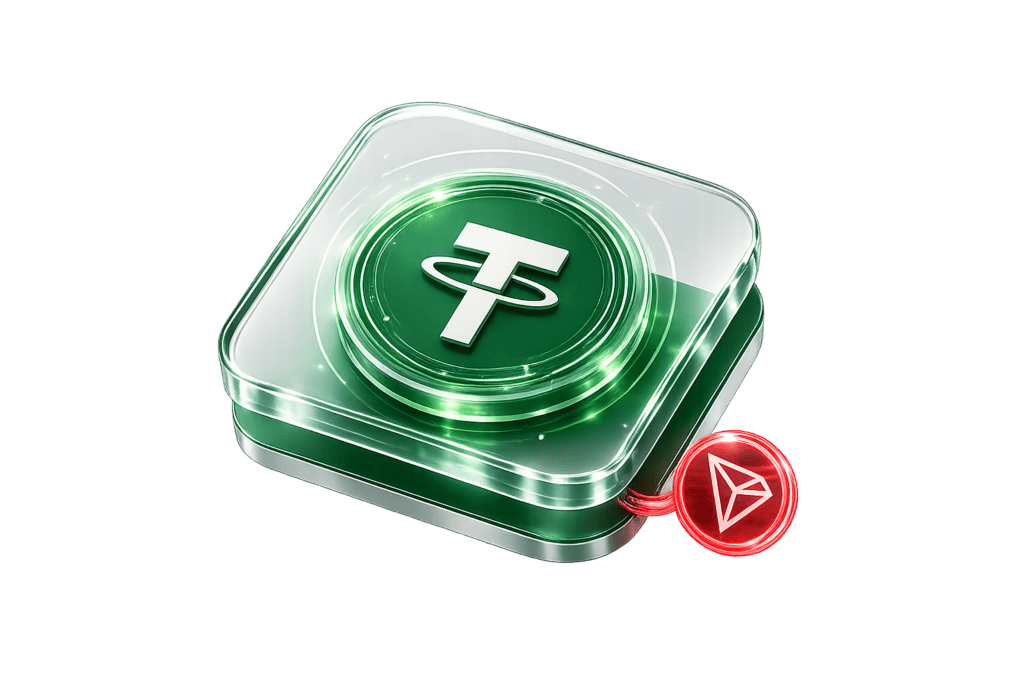 USDT cryptocurrency icon with digital coin and blockchain symbol.